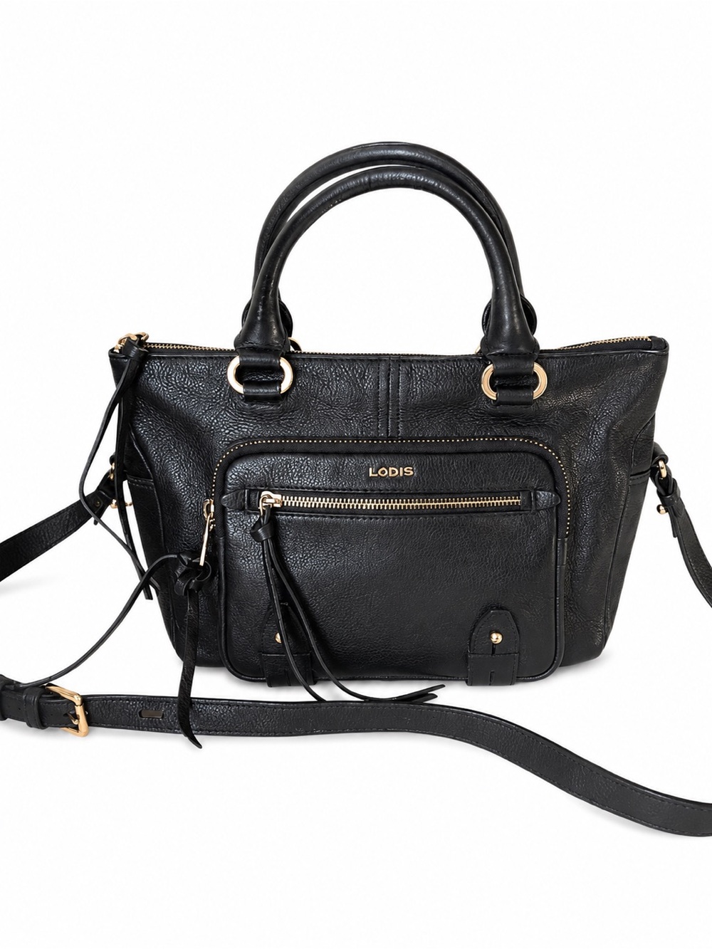 Lodis Black Pebbled Leather Satchel Crossbody Bag Gold Hardware Convertible Tote